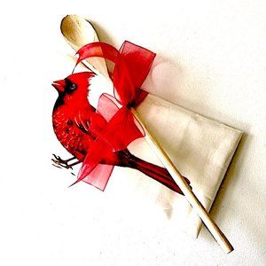 Red Bird Print Flour Sack Towel & Wooden Spoon
